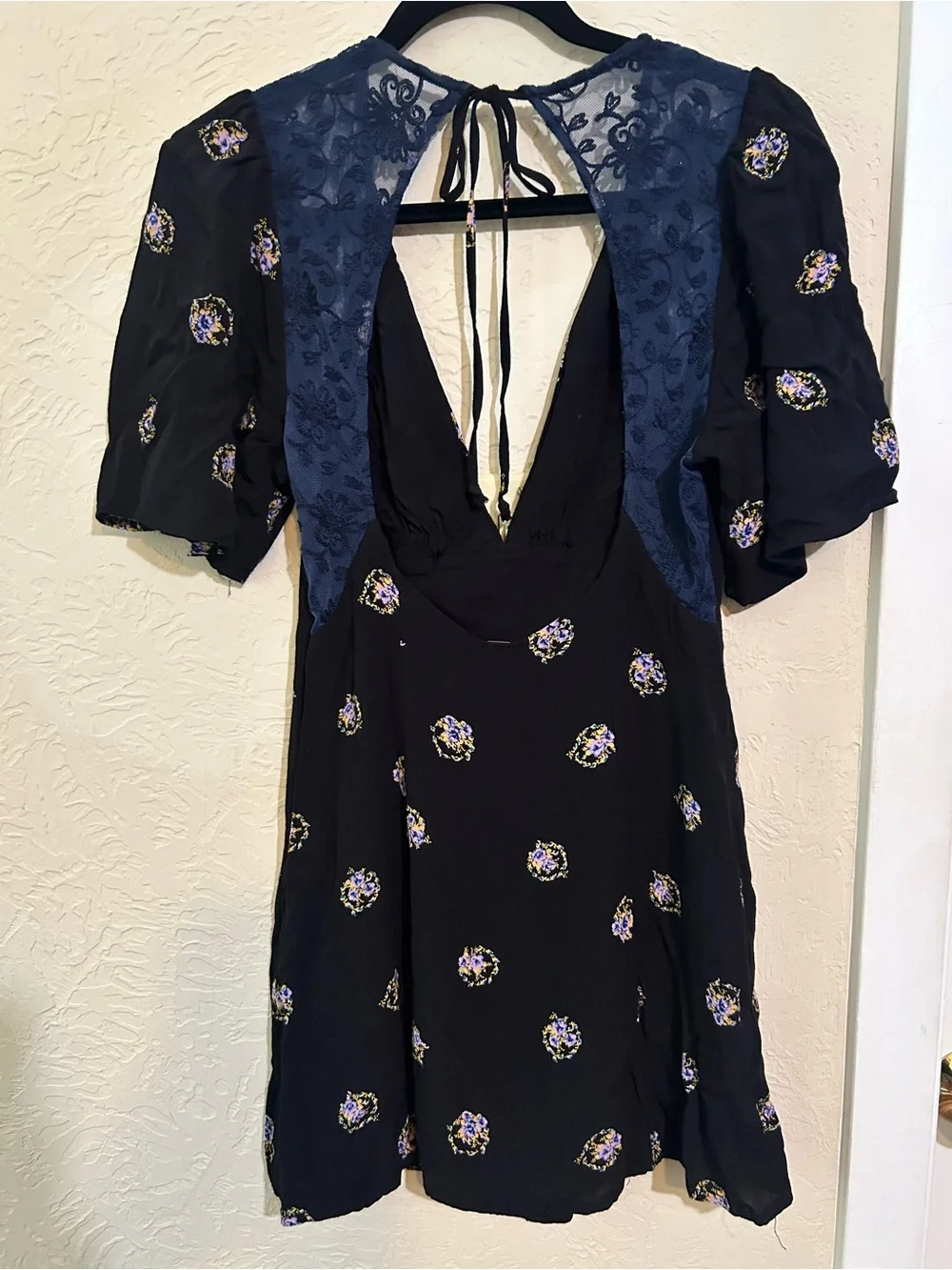 Free People Black Floral Backless V-Neck Mini Dress - Picture 3 of 7